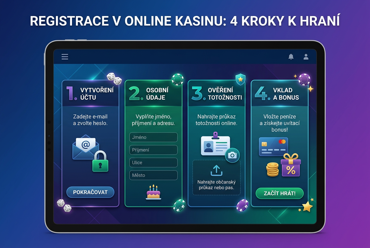 Infografika znázorňující kroky registrace v online kasinu v českém jazyce