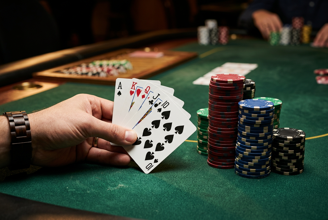 Detailní záběr na pokerové žetony a vějíř karet na zeleném plátně