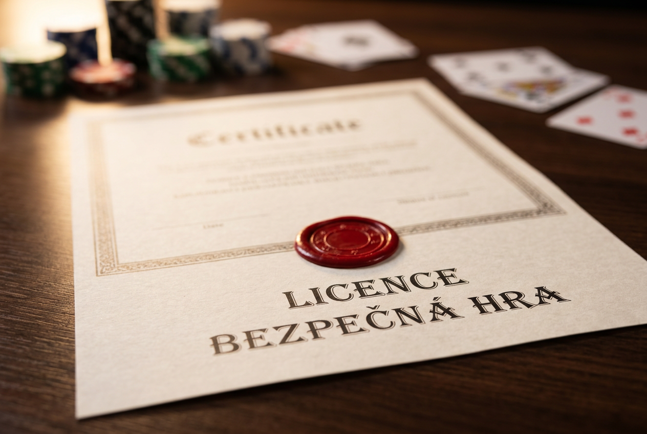 Detailní záběr na oficiální pečeť a certifikát na dřevěném stole s rozmazanými žetony v pozadí